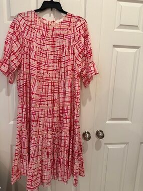 Tiered Midi Dress in Pink & White Grid Print